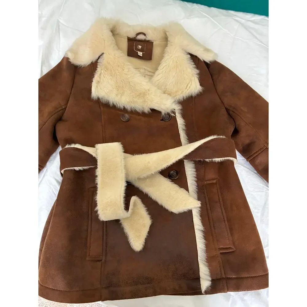 Women’s double-breasted faux shearling wrap coat- tan - size S - Picture 7 of 12